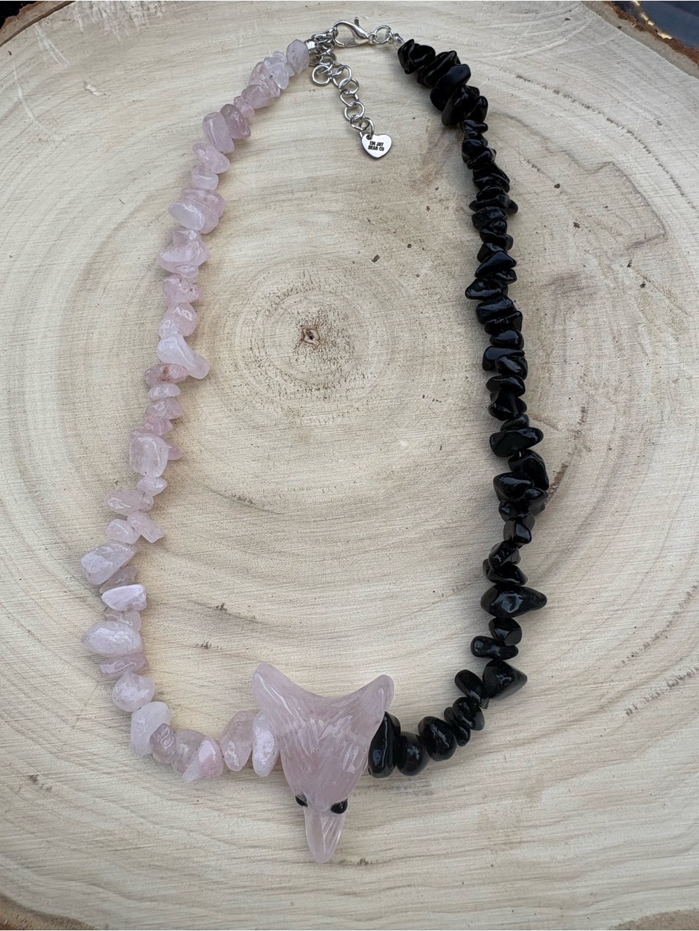Artisan made rose quartz & black onyx chip bead necklace with Rose Quartz Fox